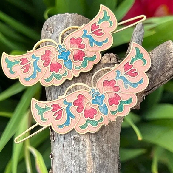 Vintage Cloisonné Enamel Butterfly Hair Barrettes – Set of 2